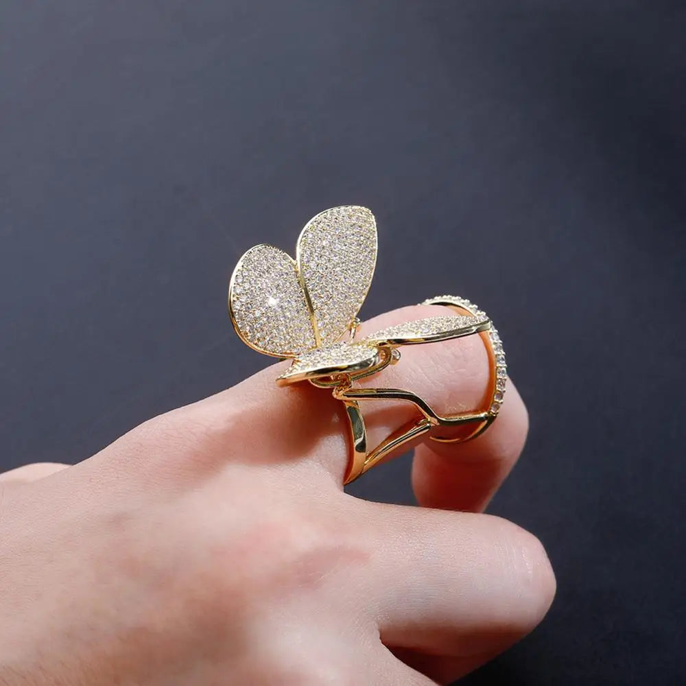 Butterfly Ring Movable Wings With Cubic Zirconia