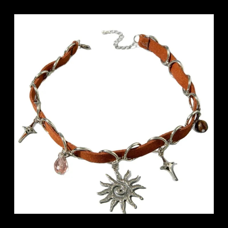 Sun Pendant Necklace With Leather Stitching
