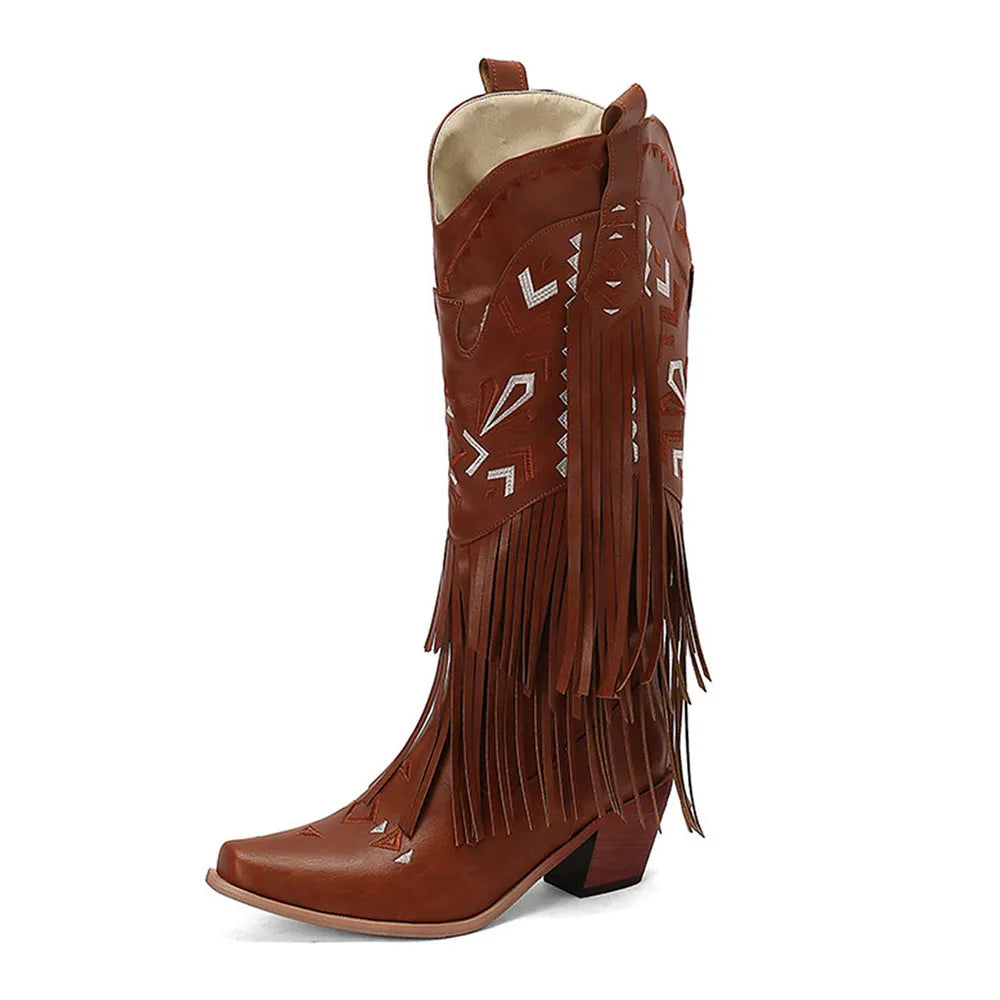 Women Western Boots Pointed Toe Chunky High Heel