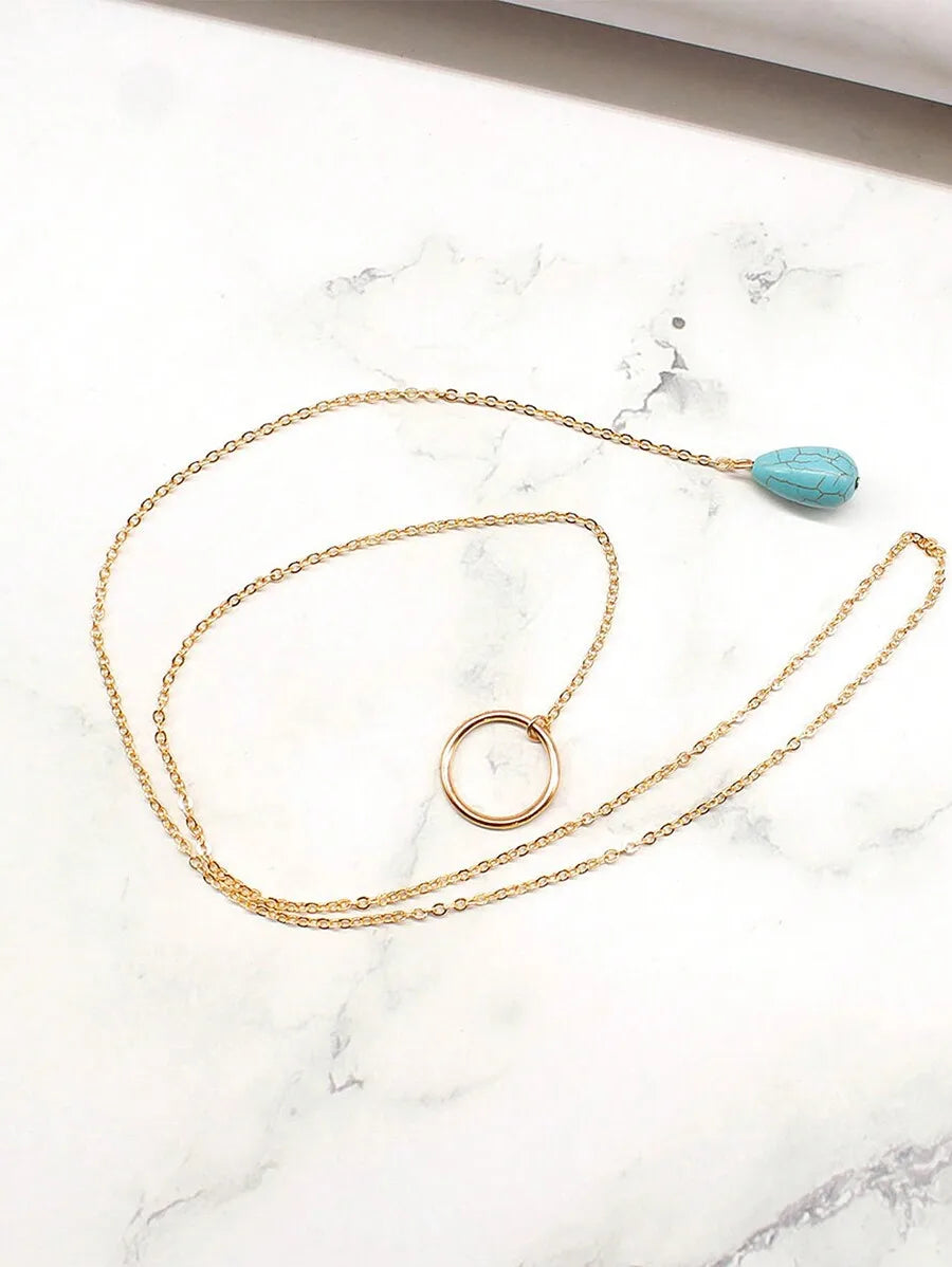 Turquoise Teardrop Pendant Necklace Minimalist Alloy Chain