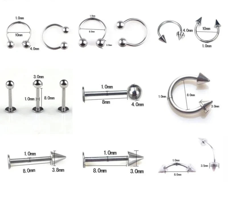 Stainless Steel Mixed Styles Body Jewelry Set 90 Labret Barbell
