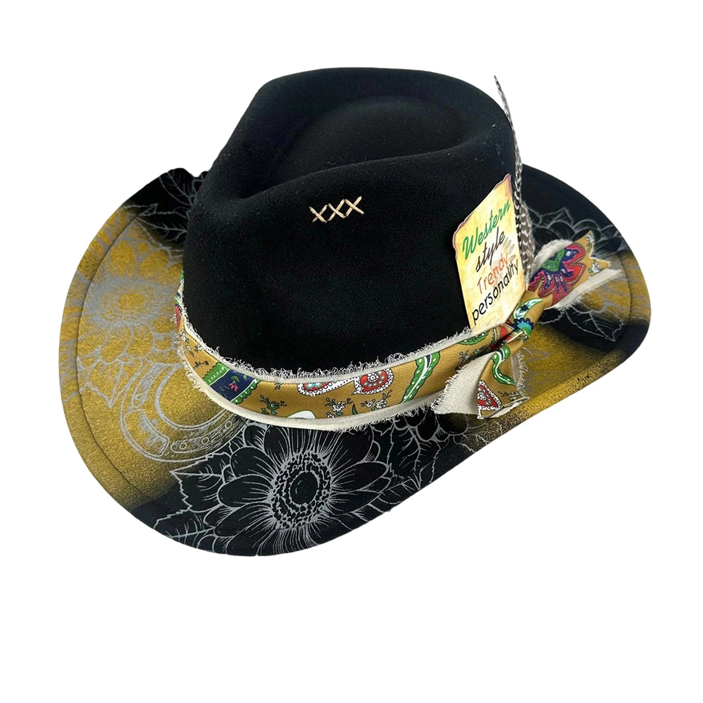 Hat Feather Print Wide Brim Cap
