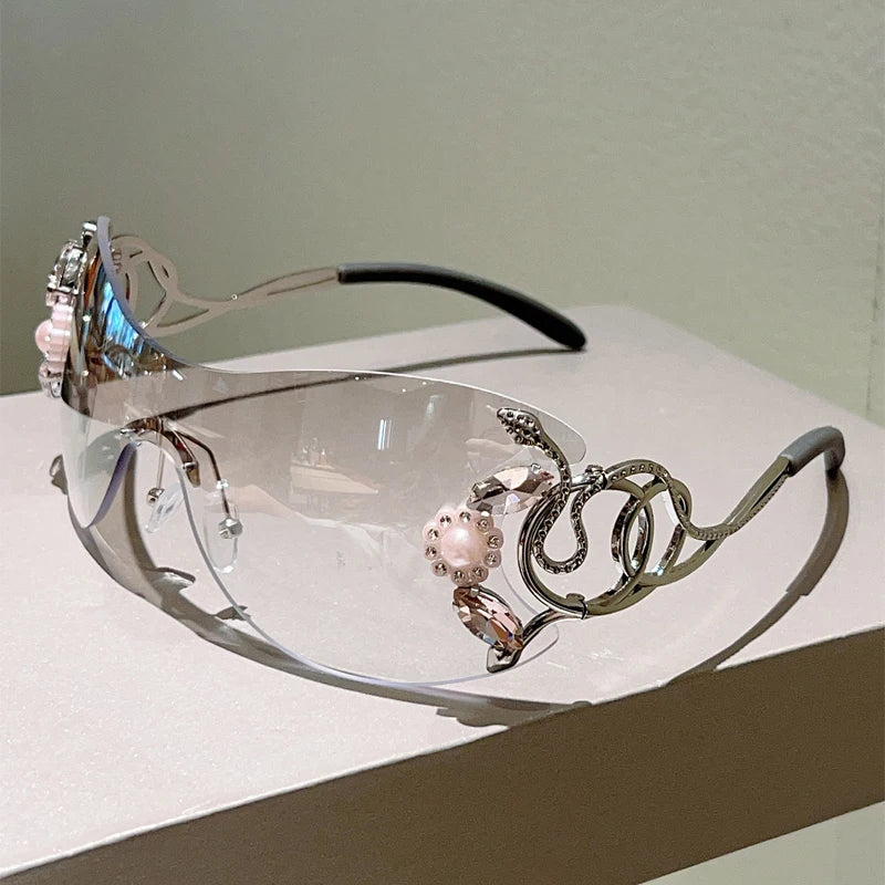 Rimless Sunglasses With Rhinestones Monoblock Gradient Lenses
