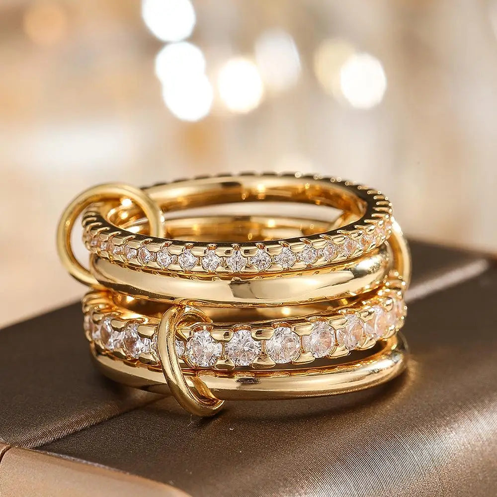 Four Ring Copper Inlaid Zircon Stacking Ring