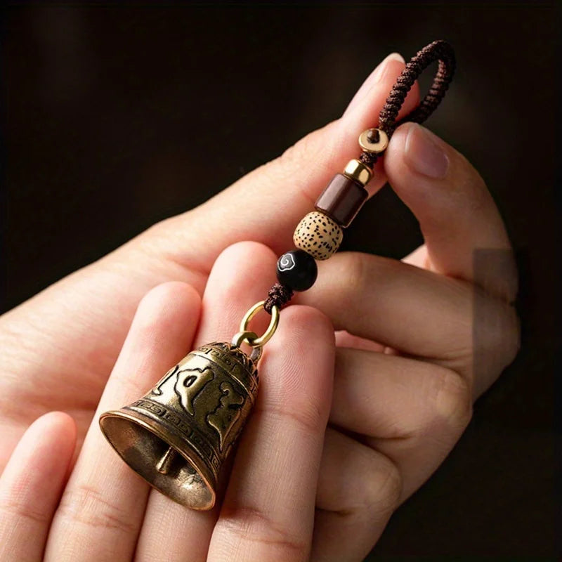 Vintage Brass Tibetan Six Word Mantra Bell Keychain