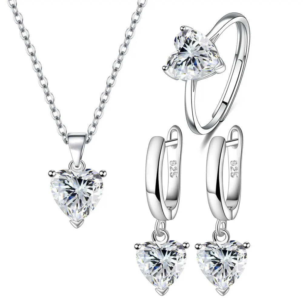925 Sterling Silver Heart Zircon Jewelry Set For Women Necklace Earrings Ring
