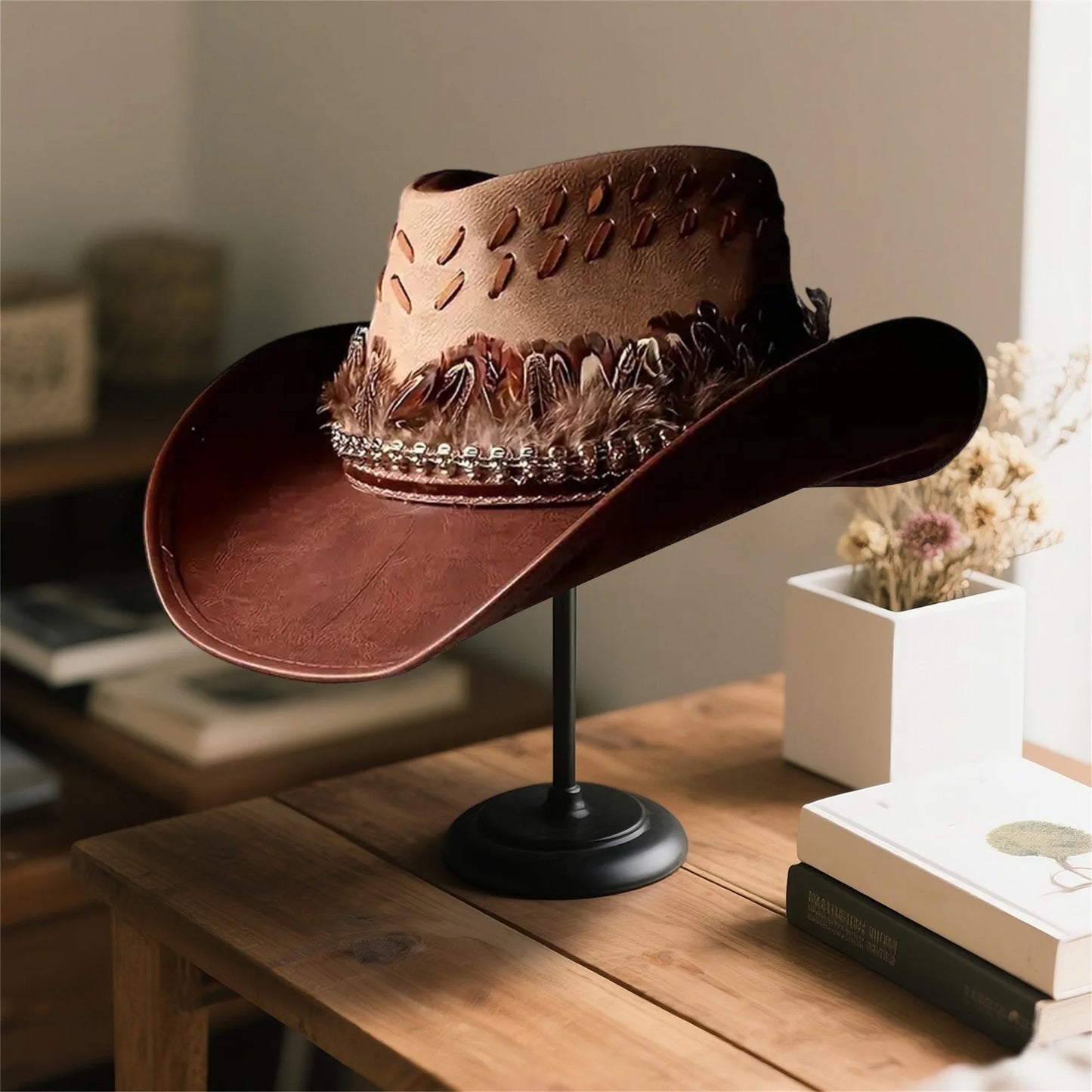 Men's Western Hat With Decorative Feathers And Wide Brim