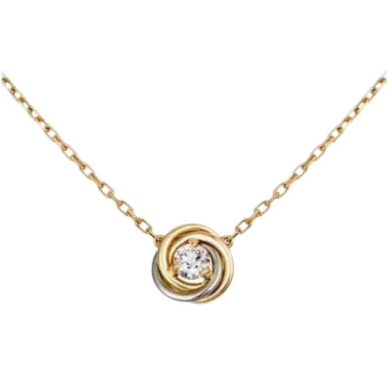 Three Tone Interlocking Circle Pendant Necklace With Zircon