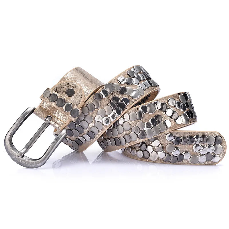 Leather Belt With Buckle Geometric Rivets Bokadiao