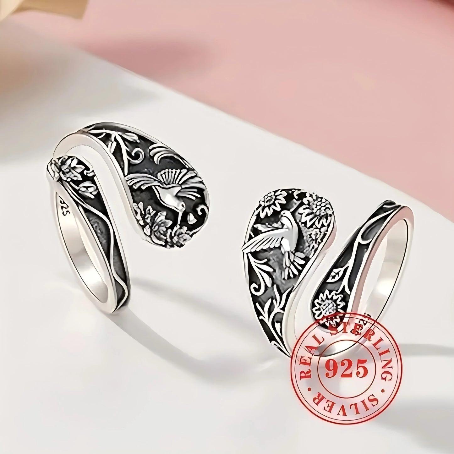 925 Sterling Silver Band Boho Bird & Flower Ring