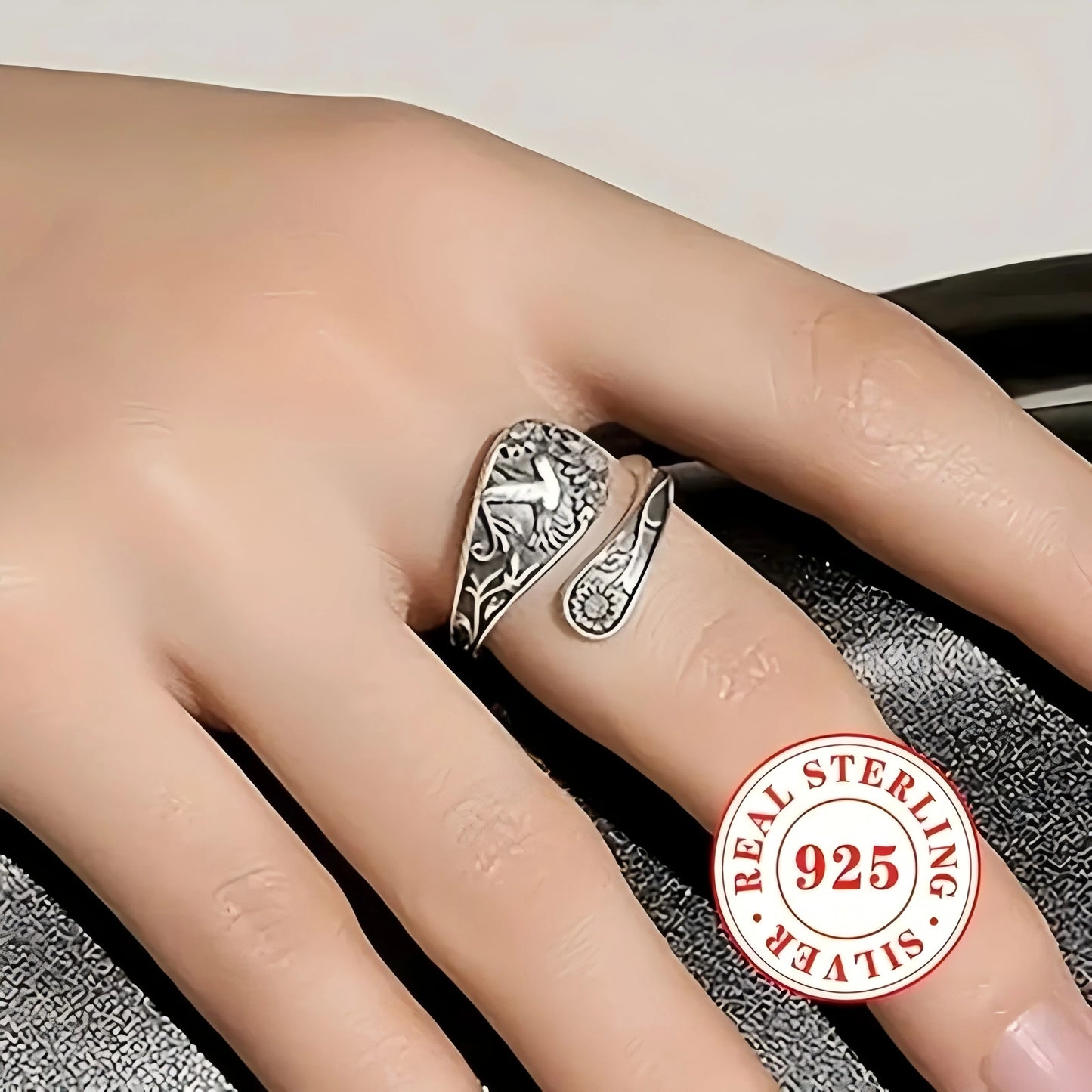 925 Sterling Silver Band Boho Bird & Flower Ring
