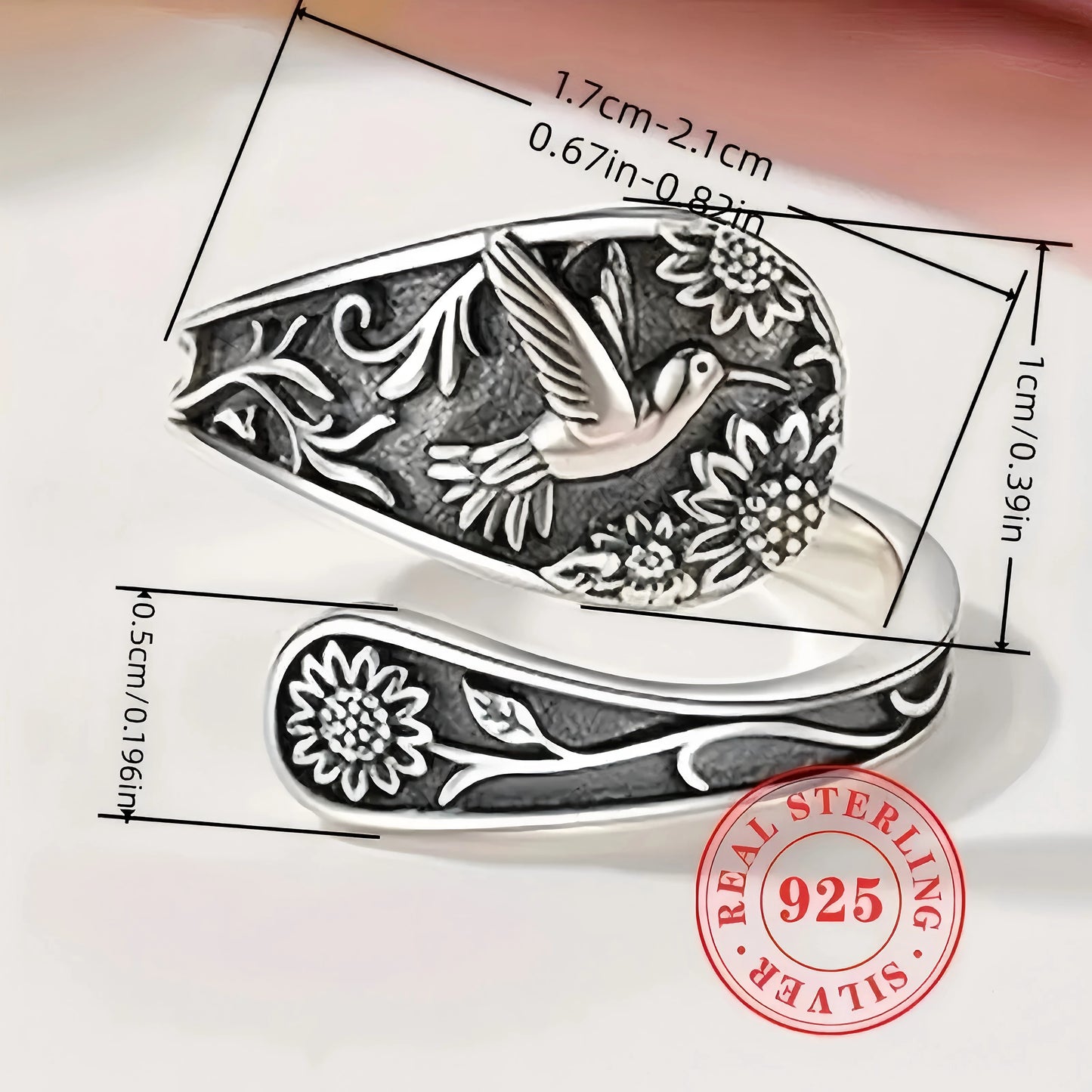 925 Sterling Silver Band Boho Bird & Flower Ring
