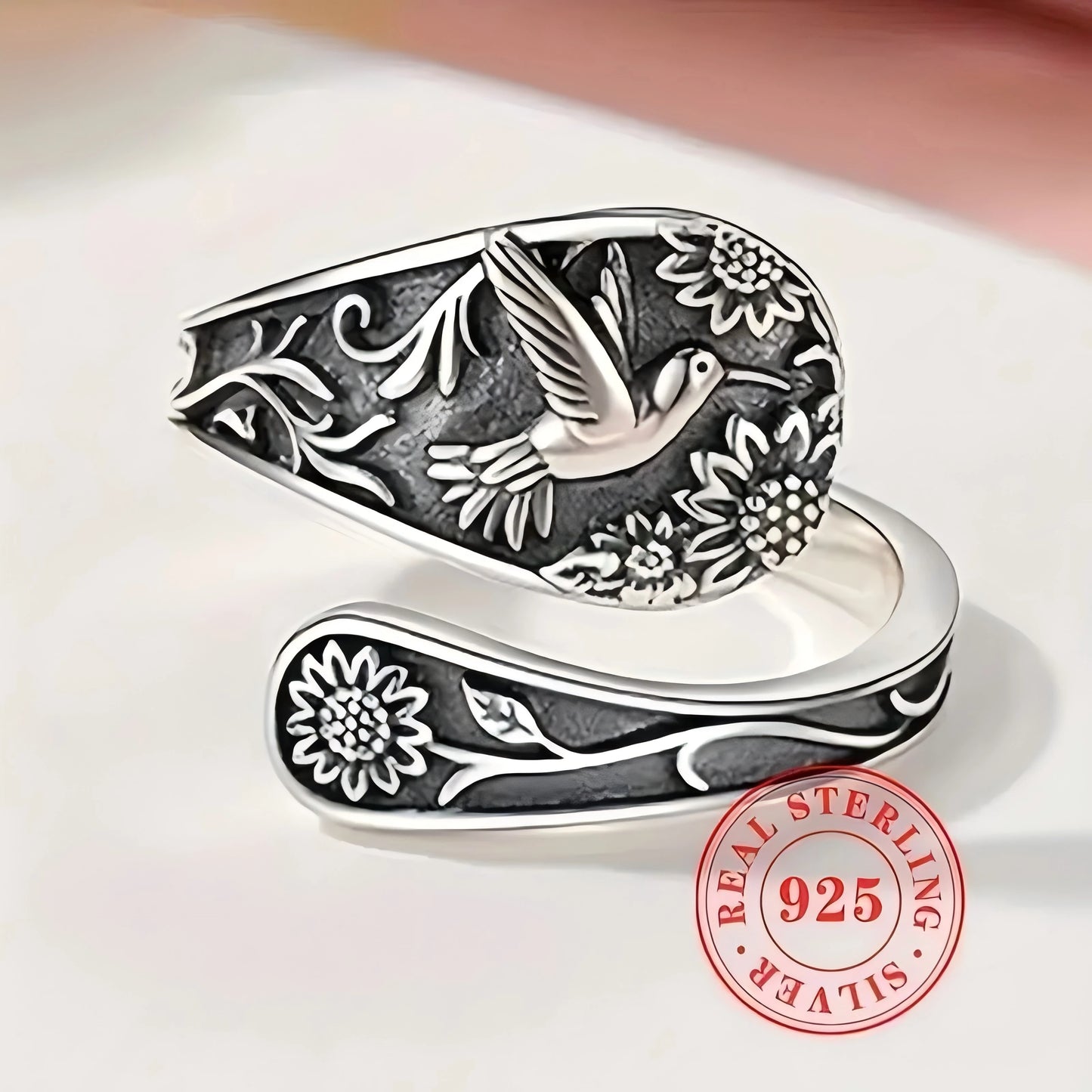 925 Sterling Silver Band Boho Bird & Flower Ring
