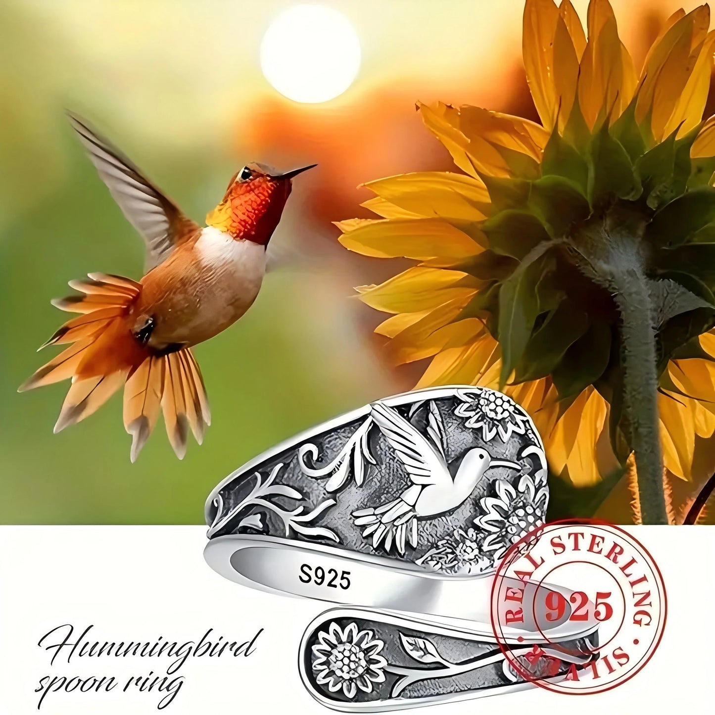 925 Sterling Silver Band Boho Bird & Flower Ring