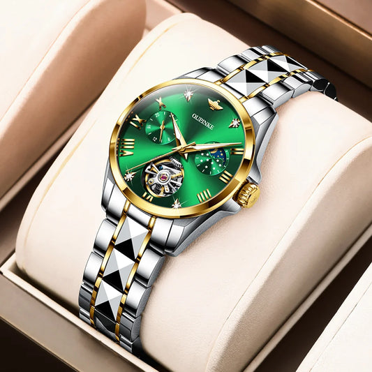 OUPINKE Ladies Automatic Skeleton Tourbillon Watch Sapphire Crystal