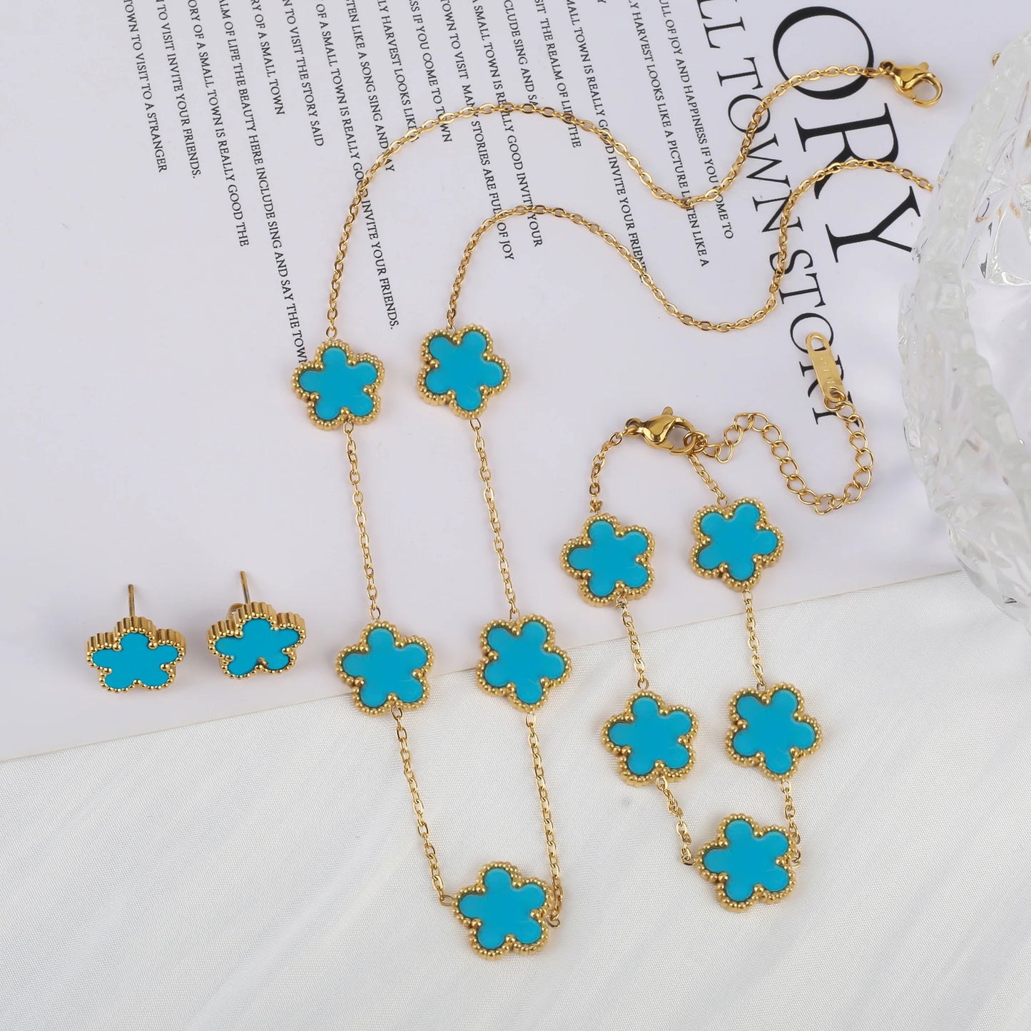 Stainless Steel Flower Clover Jewelry Set Necklace Bracelet Earrings
