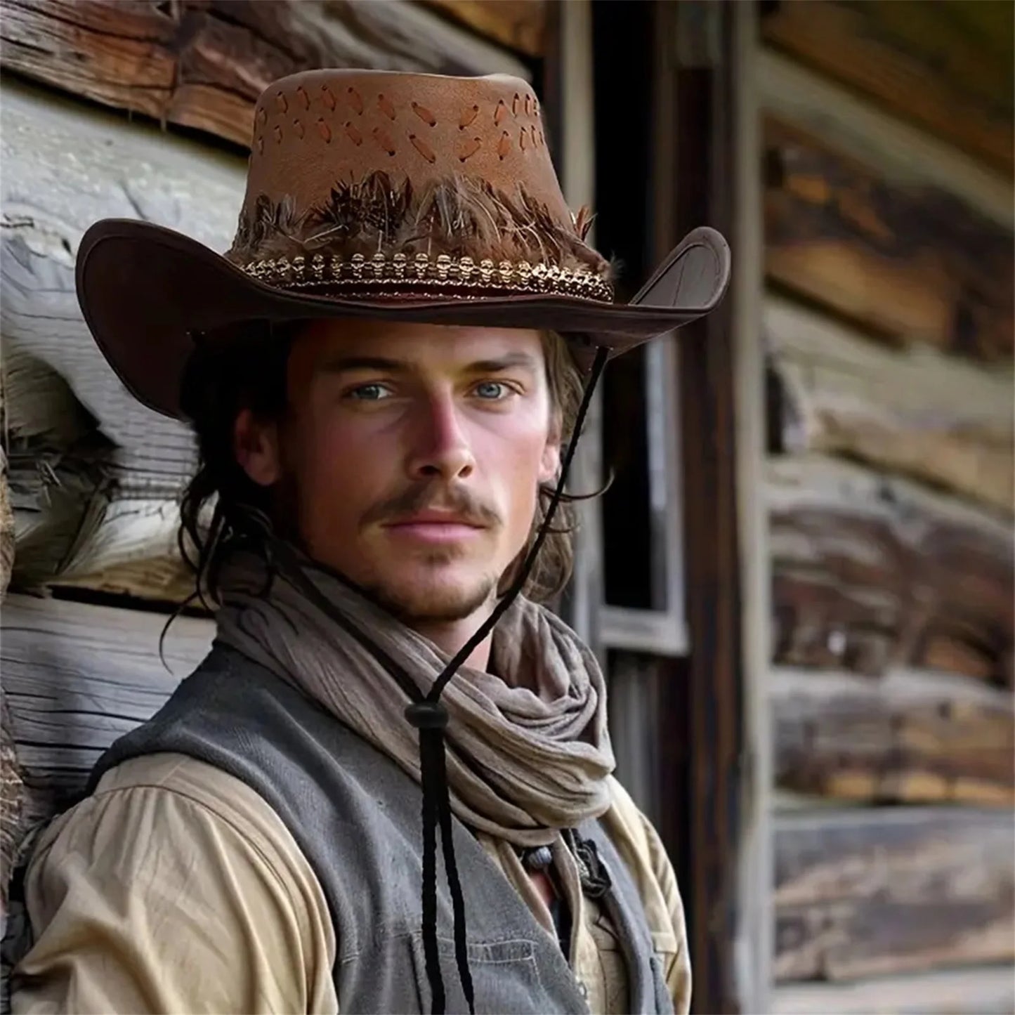 Men's Western Hat With Decorative Feathers And Wide Brim