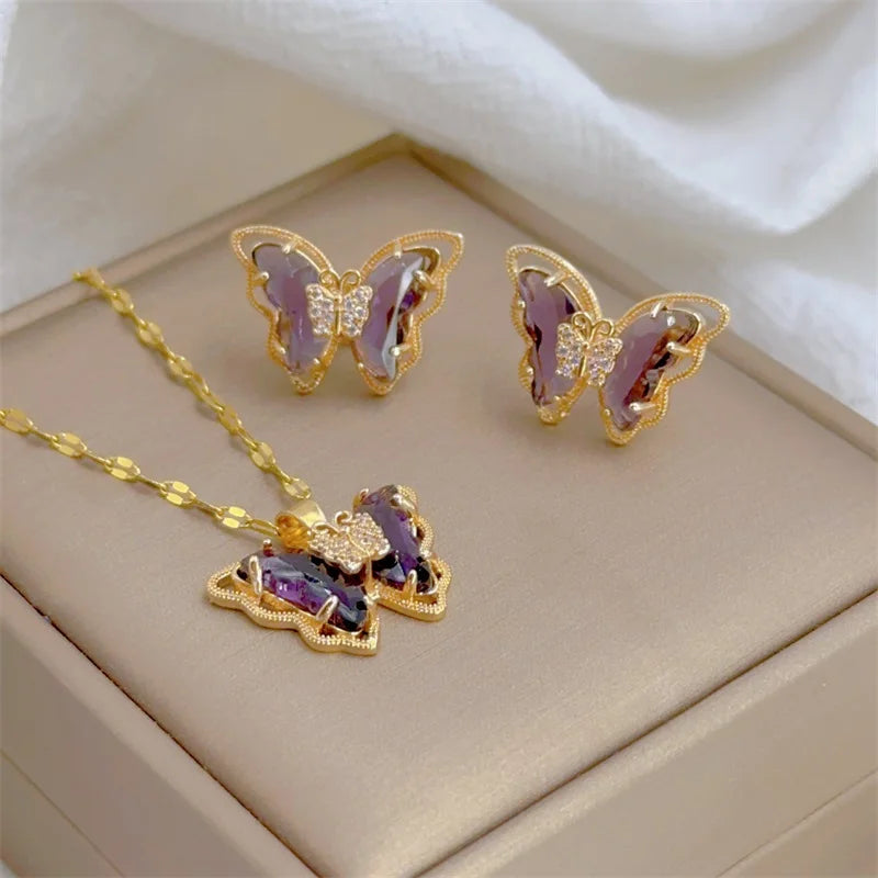 Butterfly Necklace And Earrings Set Stainless Steel Jewelry