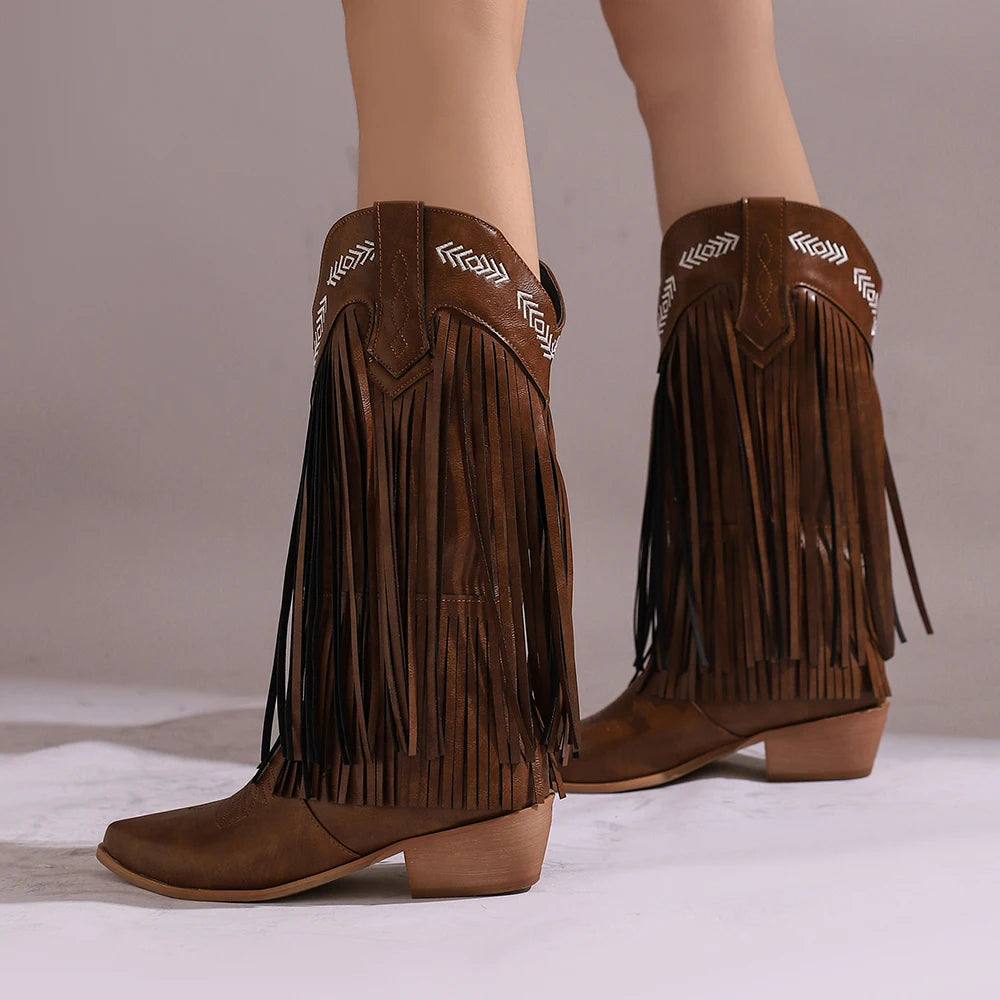 Boots Women Western Embroidery Tassel Chunky Heels