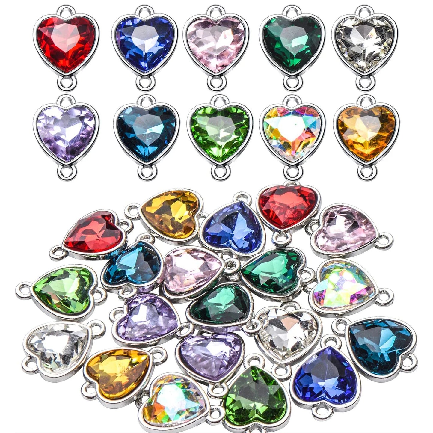 Heart Crystal Birthstone Charms With Double Loop Bail Connectors