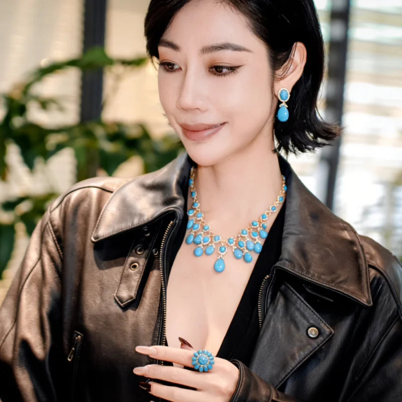 XCL Tassel Necklace Earrings Set With Synthetic Gemstone S925 Silver