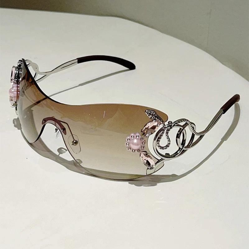 Rimless Sunglasses With Rhinestones Monoblock Gradient Lenses
