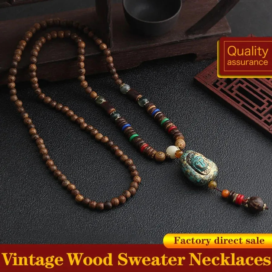 Vintage Nepal Buddhist Mala Necklace With Wood Beads Pendant Ethnic Jewelry