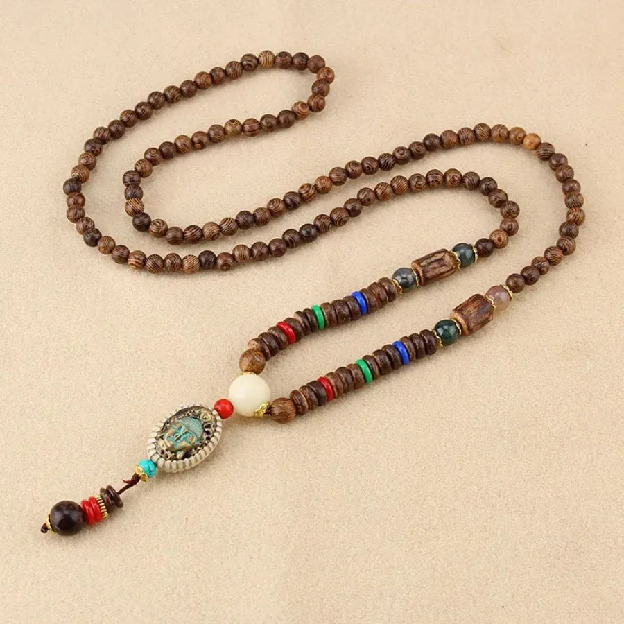 Vintage Nepal Buddhist Mala Necklace With Wood Beads Pendant Ethnic Jewelry