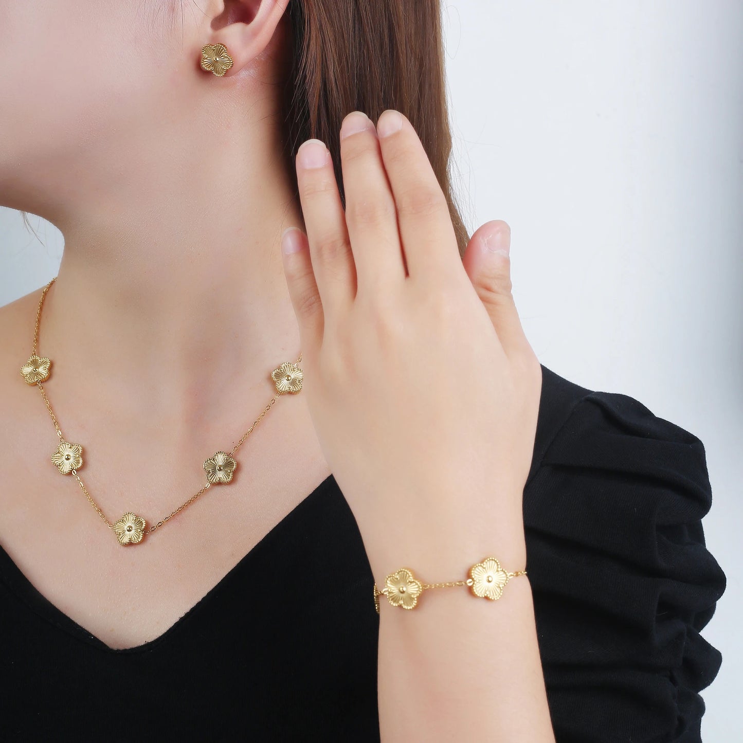 Stainless Steel Flower Clover Jewelry Set Necklace Bracelet Earrings