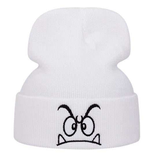 Angry Expression Embroidered Knitted Acrylic Hat Unisex Winter
