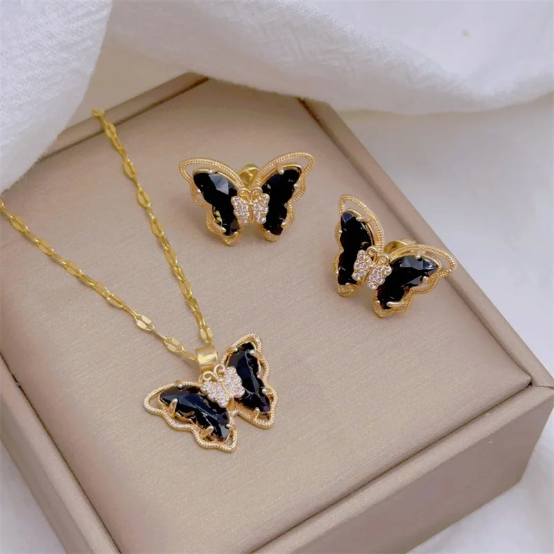 Butterfly Necklace And Earrings Set Stainless Steel Jewelry