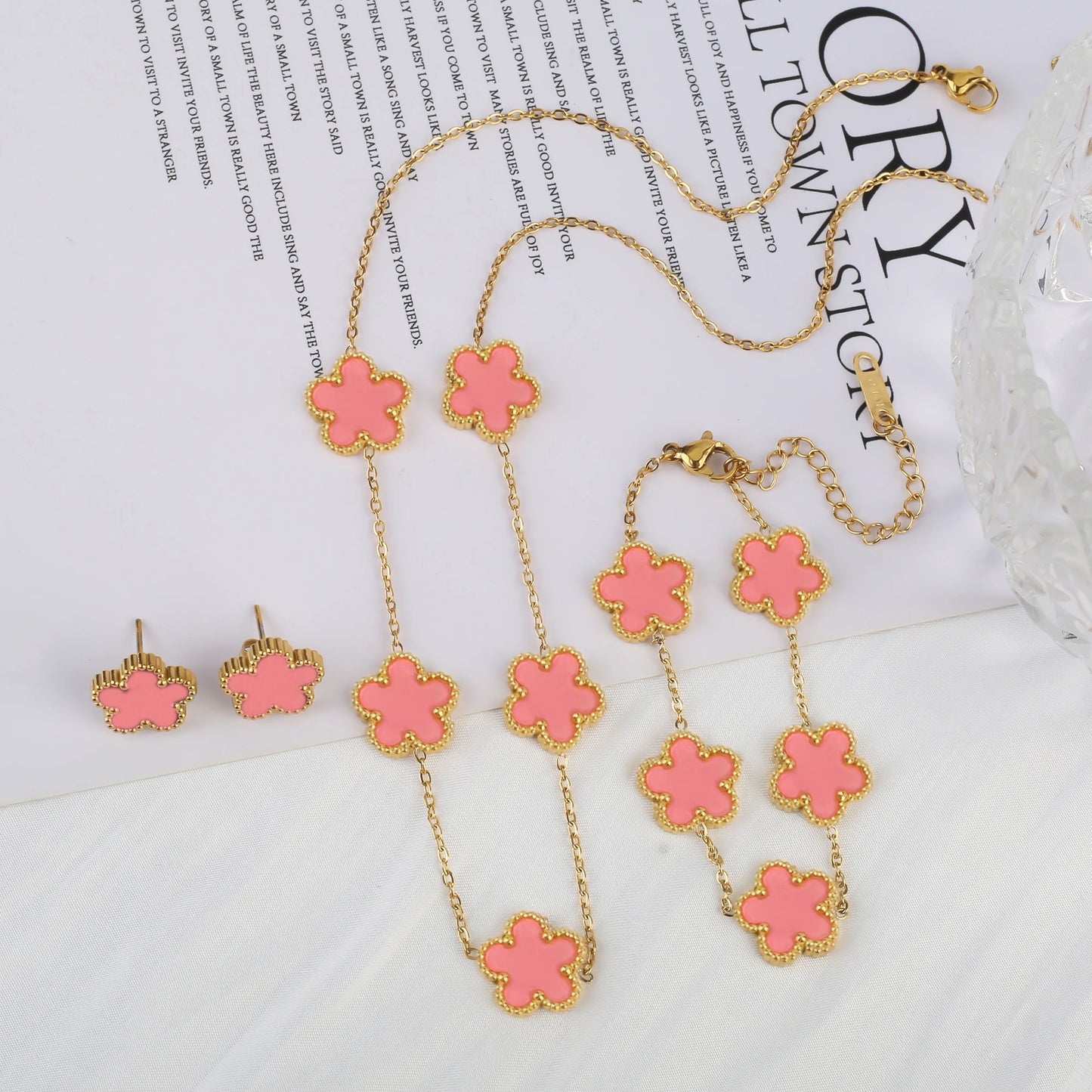 Stainless Steel Flower Clover Jewelry Set Necklace Bracelet Earrings