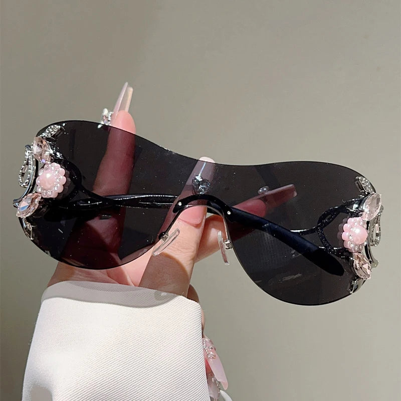 Rimless Sunglasses With Rhinestones Monoblock Gradient Lenses