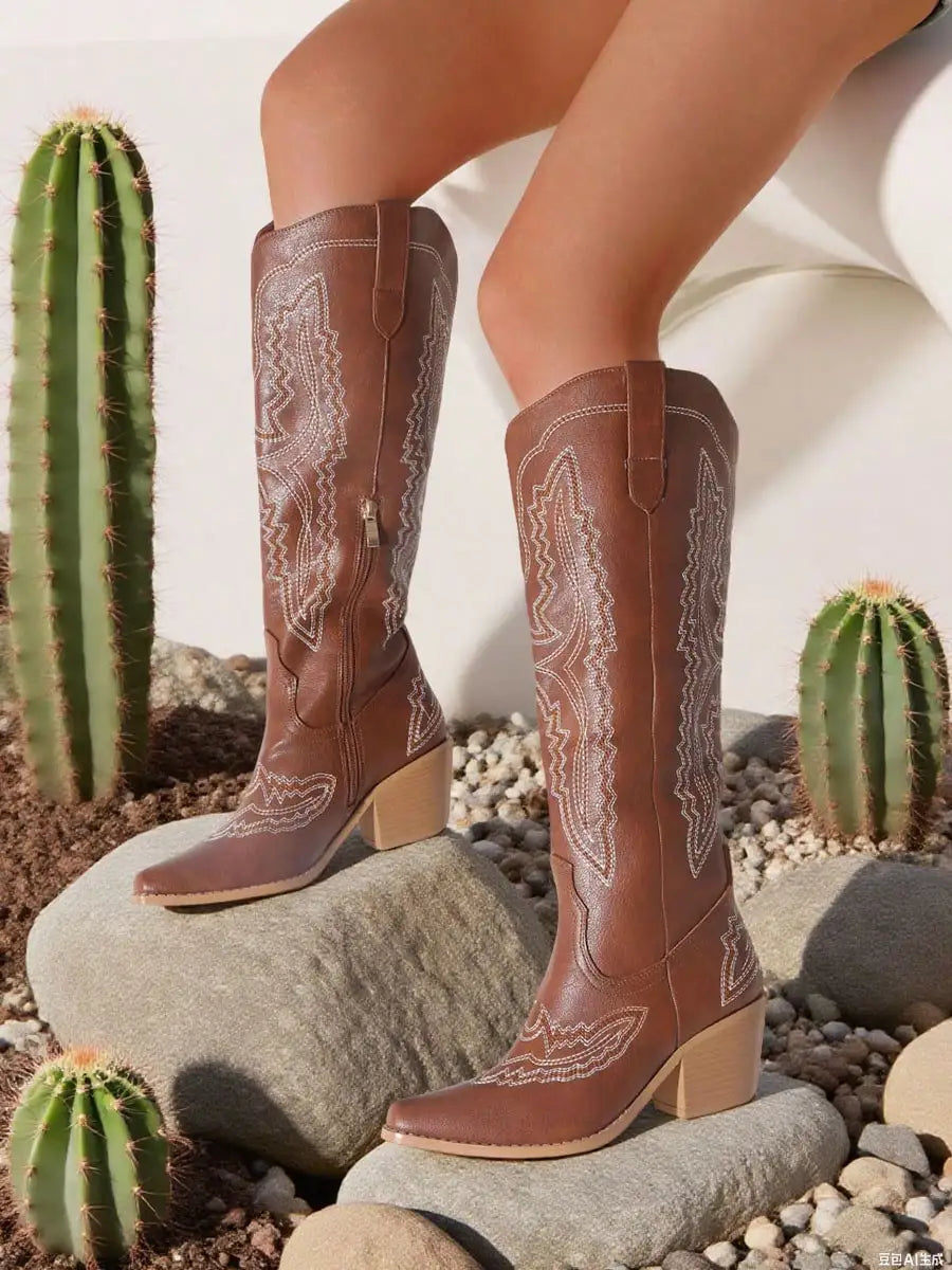 Boots For Women Point Toe Chunky Heels Knee High