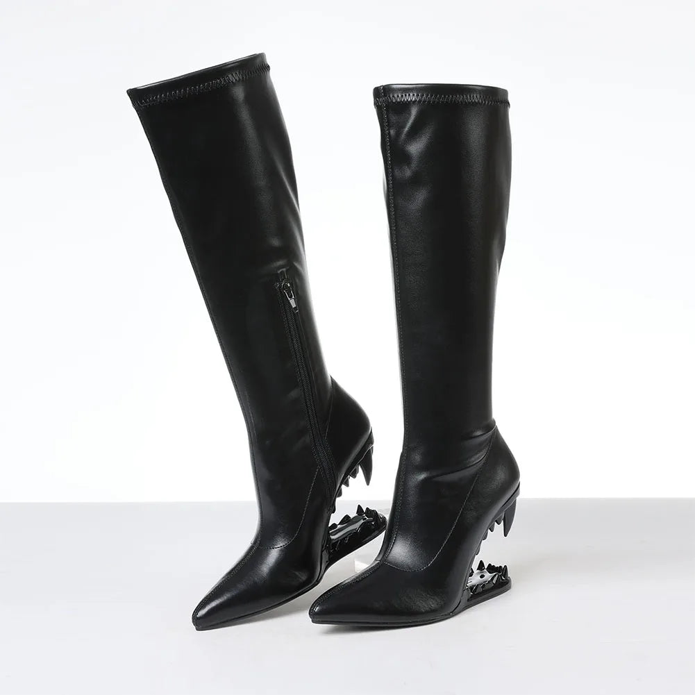 Women Knee High Boots Pointed Toe Zipper Wedges