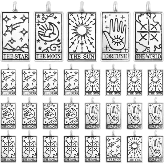 30pcs Rectangle Tarot Card Charms Vintage Alloy Sun Moon Star Fortune Good Luck Amulet Magic Dangle Pendants for DIY Earrings
