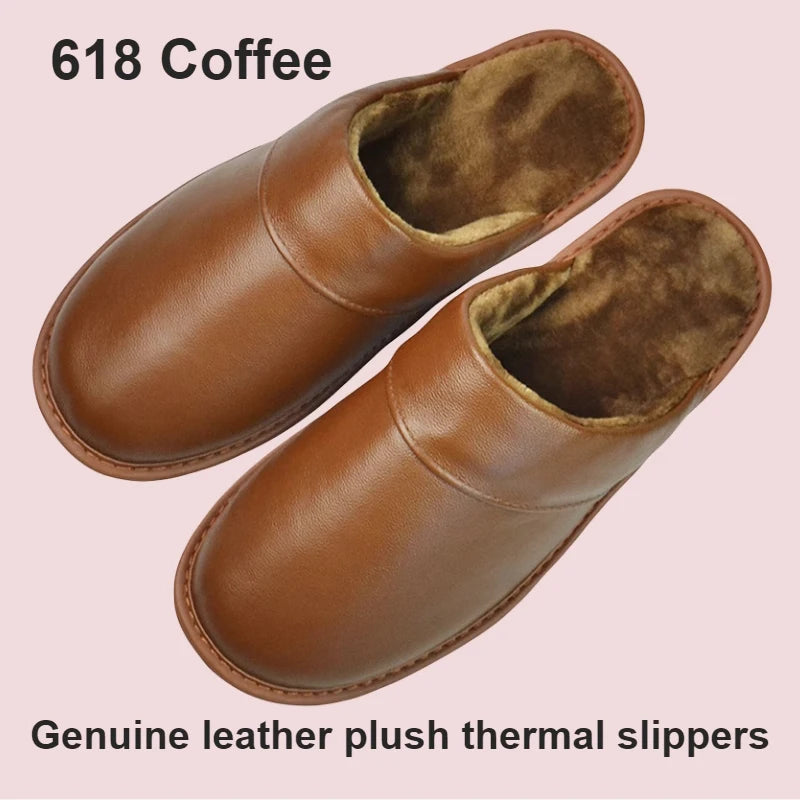 Leather Slippers With Plush Lining Non Slip