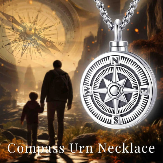 DRINSPER Compass Round Necklace 925 Sterling Silver Urn Memorial Pendant
