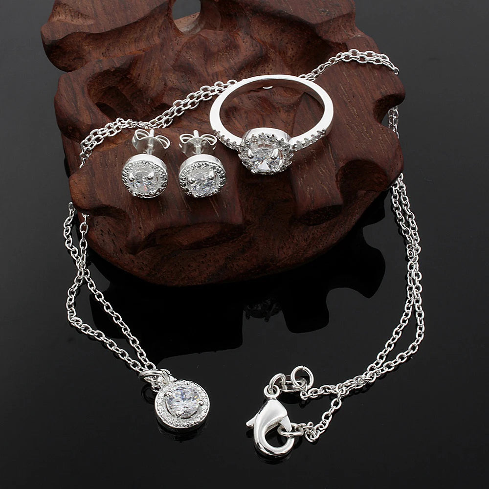Sterling Silver Crystal CZ Jewelry Set Necklace Earrings Ring Women