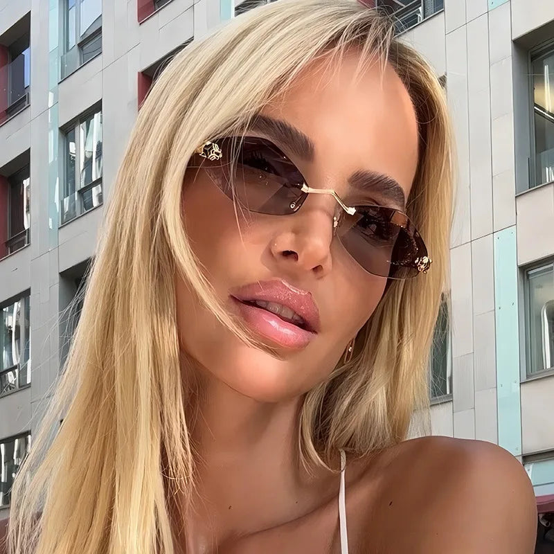 Sunglasses Frameless Diamond Shaped Leopard UV400 Small Frame