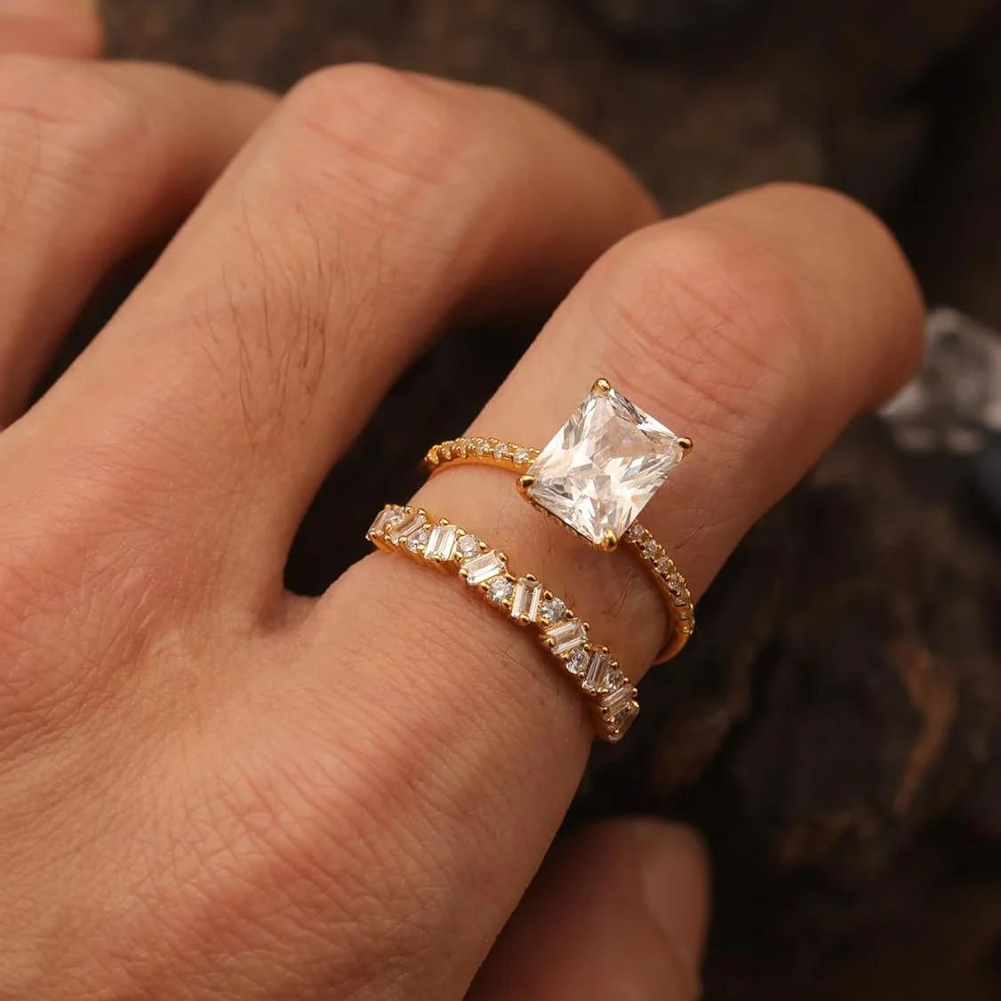 S925 Sterling Silver Moissanite Ring Set 18K Gold Plated