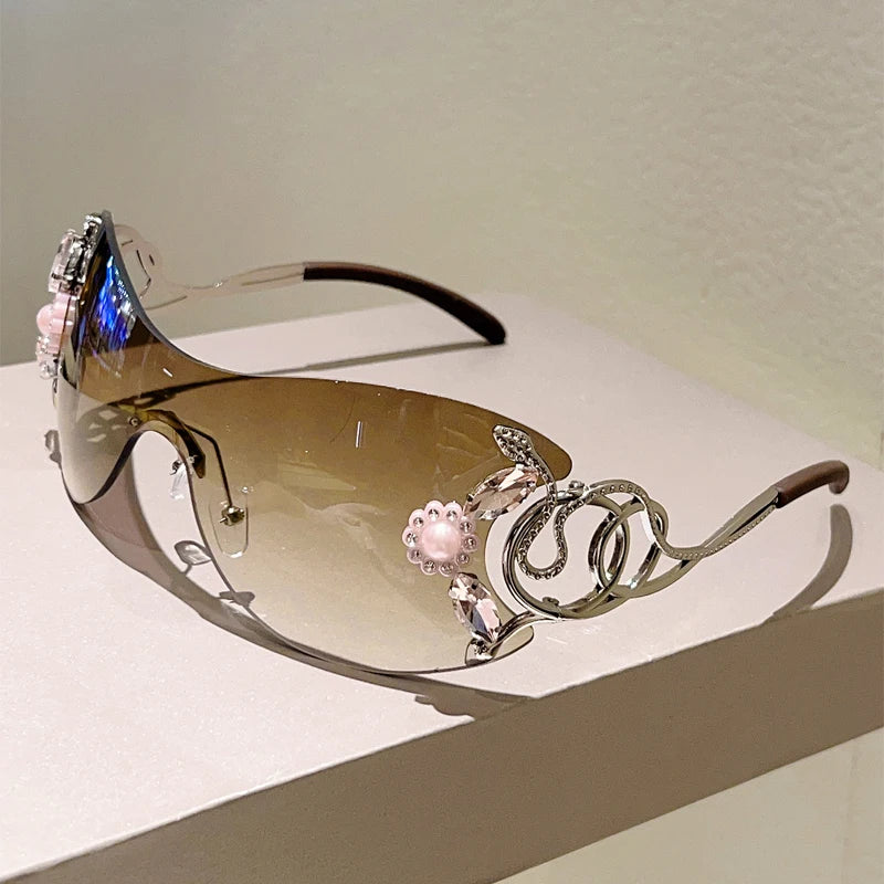 Rimless Sunglasses With Rhinestones Monoblock Gradient Lenses