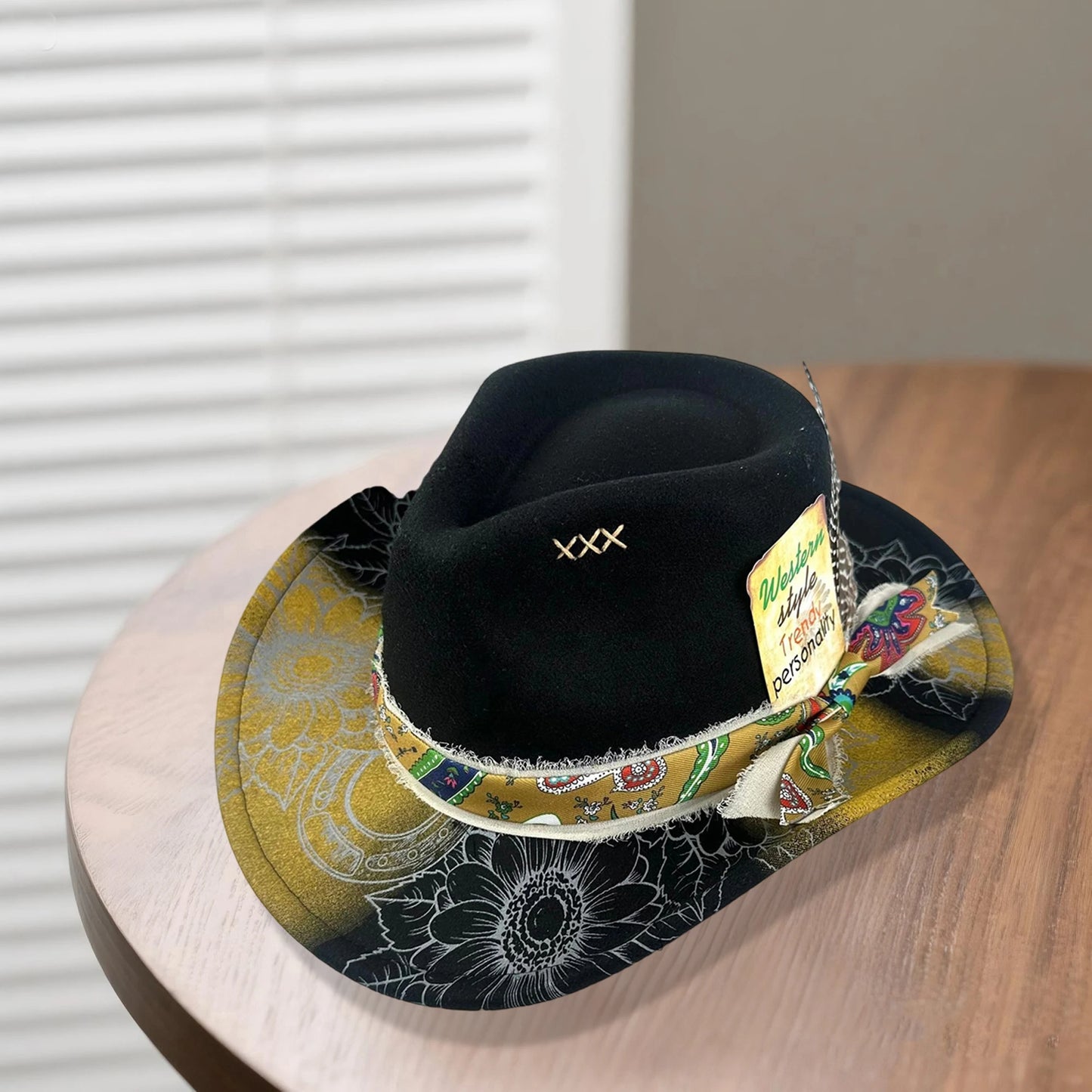 Hat Feather Print Wide Brim Cap