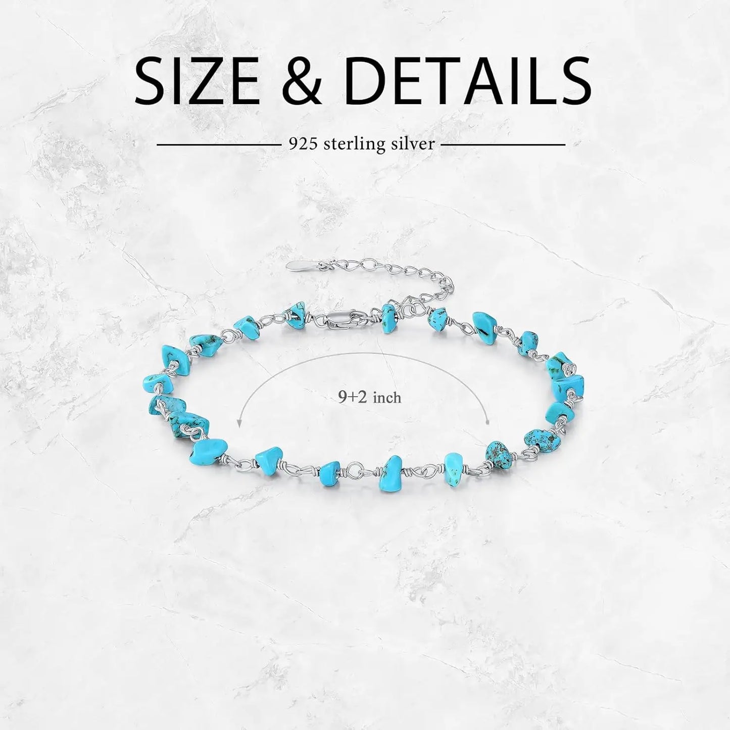 BETHZA Jewelry Raw Turquoise Gem Ankle Bracelet 925 Silver Adjustable