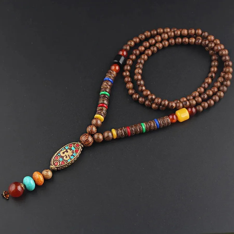 Vintage Nepal Buddhist Mala Necklace With Wood Beads Pendant Ethnic Jewelry