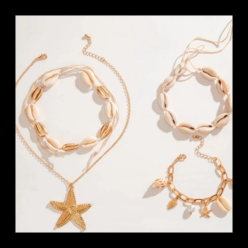 Necklace & Bracelet Shell Braided Rope Set