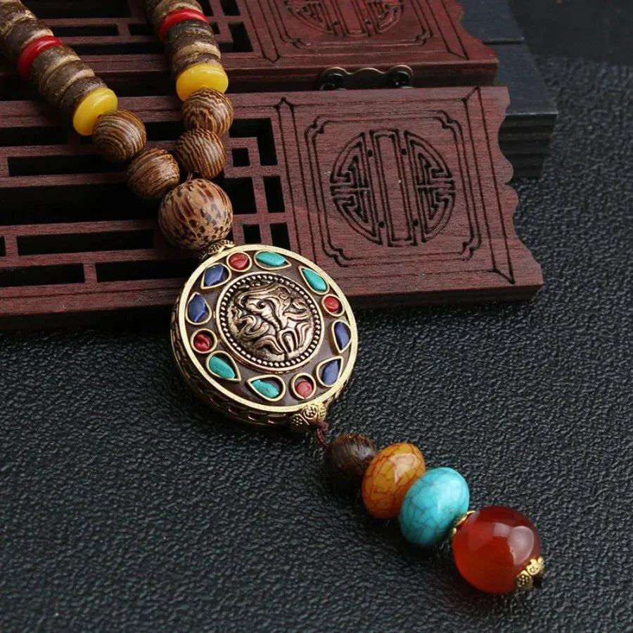 Vintage Nepal Buddhist Mala Necklace With Wood Beads Pendant Ethnic Jewelry