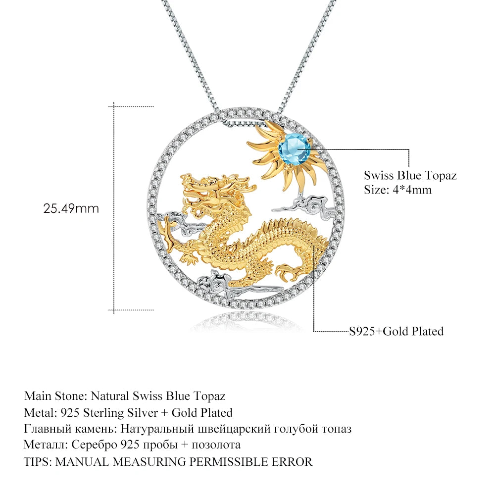 925 Necklace Silver Blue Topaz Dragon Pendant