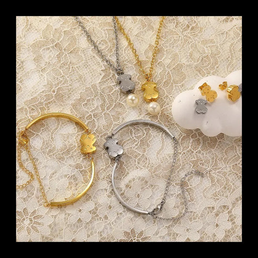NONECN Japanese Korean Bear Jewelry Set Necklace Earrings Bracelet Zircon
