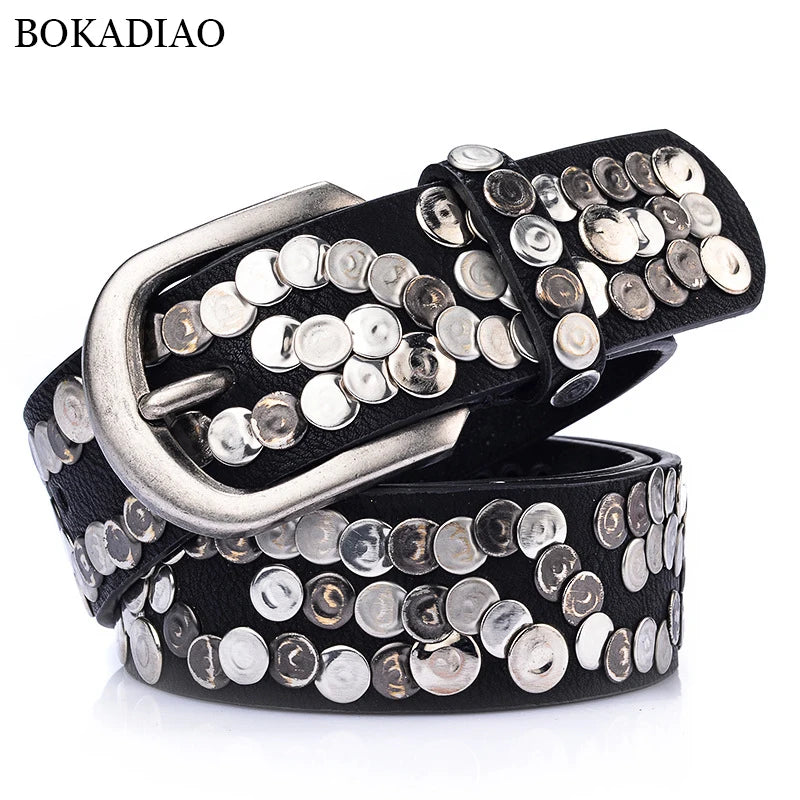 Leather Belt With Buckle Geometric Rivets Bokadiao